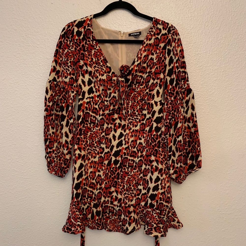 Express Red Leopard Print Fit N Flare Long Sleeve… - image 2